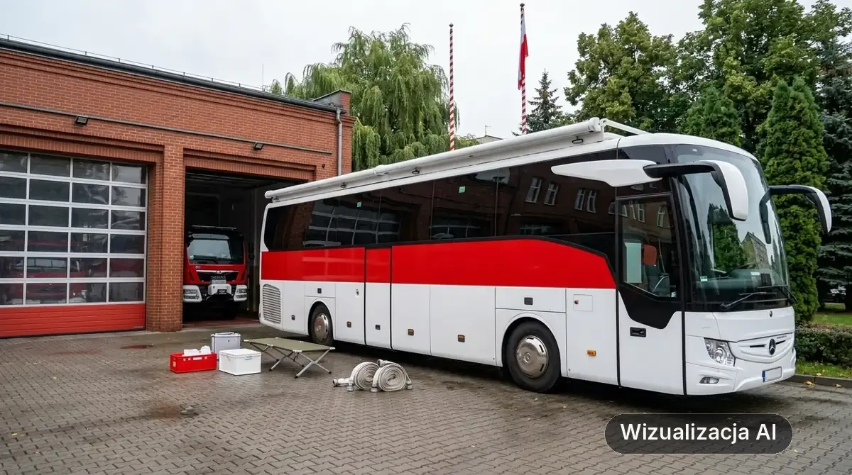 Mobilna zbiórka krwi przed strażą pożarną (wizualizacja AI)