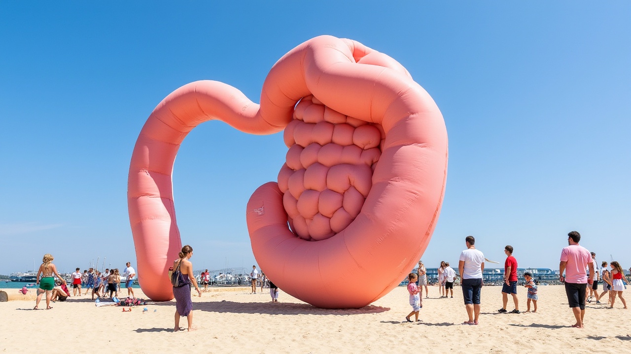 „Grubas” przy Marinie Gdynia. Na plaży można wejść do 13-metrowego modelu jelita